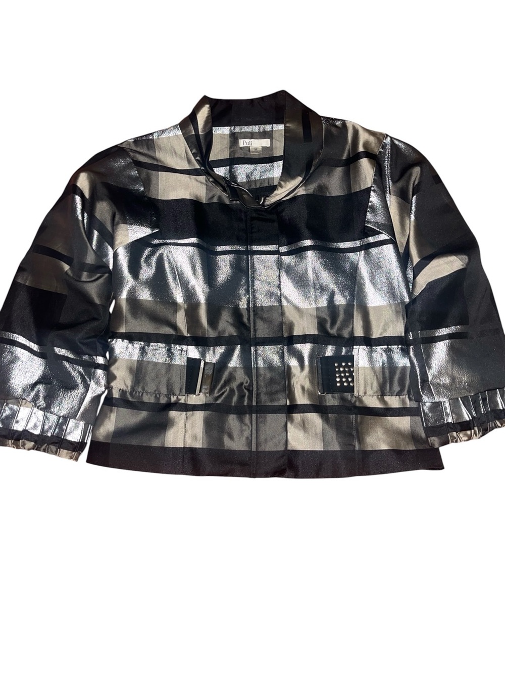 Puli size M Metallic Black & Silver Striped blazer with belt.